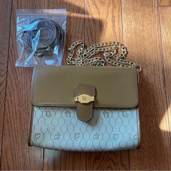 Vintage Dior honeycomb Beige & Brown Coated Canvas Shoulder Bag-no dustbag - Picture 1 of 16